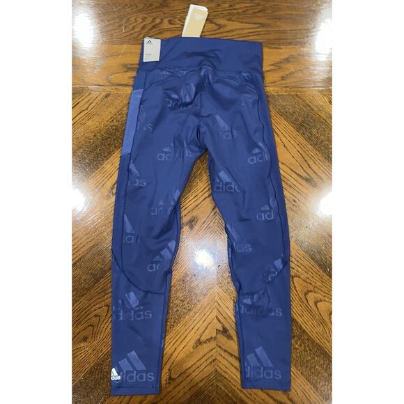 💙NEW Adidas Women’s 7/8 High Rise Tight Leggings Blue Logo Print Medium M NWT - Picture 4 of 10